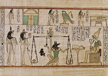Weighing of the heart, Egyptian Book of the Dead. Scene from the funerary papyrus for Nany, a Singer of Amun, showing the weighing of the heart that is used to judge the dead in the afterlife. Nany is at left, with Isis at far left. The god Osiris is at right. The jackal-headed Anubis is at centre. The baboon on the scales represents Thoth, the god of wisdom. Nany's heart (on left-hand scale) has been successfully weighed against Mat (goddess of justice and truth), who is the small figure on the right-hand scale. Across top, Nany meets falcon god Horus, and stands by her own tomb. This papyrus dates from the Third Intermediate Period (Dynasty 21), from around 1050 BC, during the reign of Psusennes I and Psusennes II. The papyrus was excavated in 1928-29 from the Tomb of Meritamun (MMA 65 at Deir el-Bahri, Thebes, Upper Egypt.